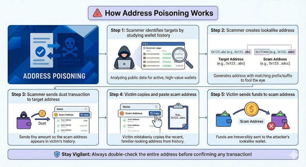 Address Poisoning Attack Steps: Step-by-step visual guide showing how address poisoning attacks work