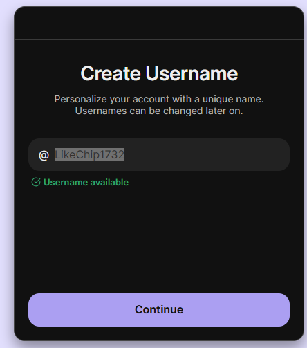 Create username screen